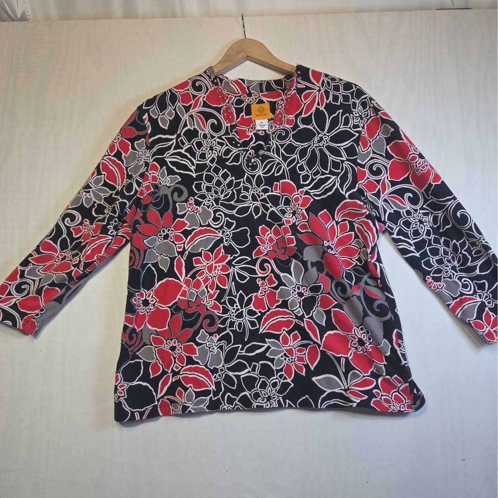 Ruby Rd Women XL Poinsettia Floral Top Black Red Studded 3/4 Sleeve Cotton